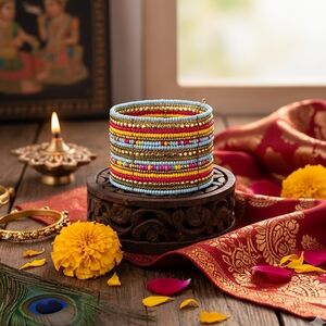 Indian Artisanal Beaded Boho Chic Cuff Bracelet | Pastel & Brass Statement 🌼